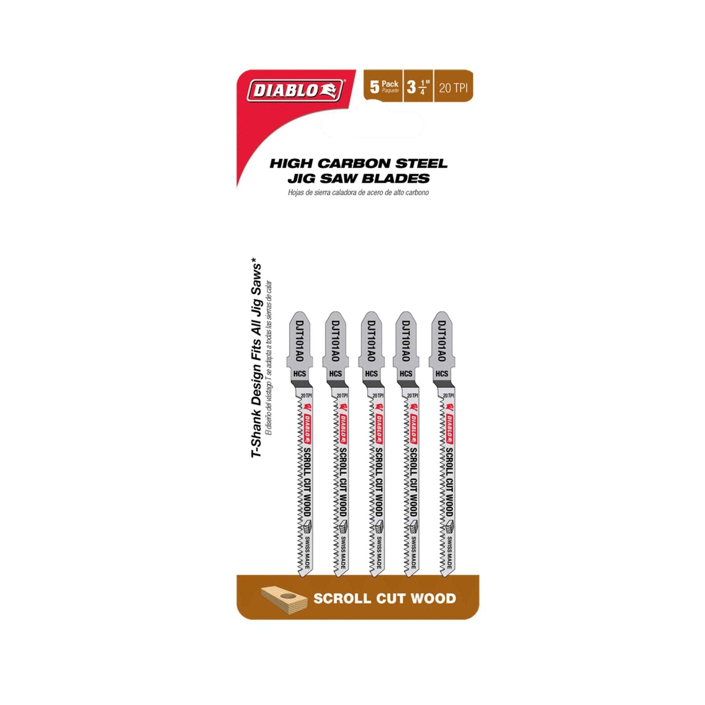 The DIABLO DJT101AO5 Jig Saw Blade Set includes five 3-1/4 in. high carbon steel blades with ultra-hardened edges for scroll cutting wood. With 20 TPI, they fit T-shank jigsaws and are ideal for wood thicknesses from 3/16 to 3/4 inches.